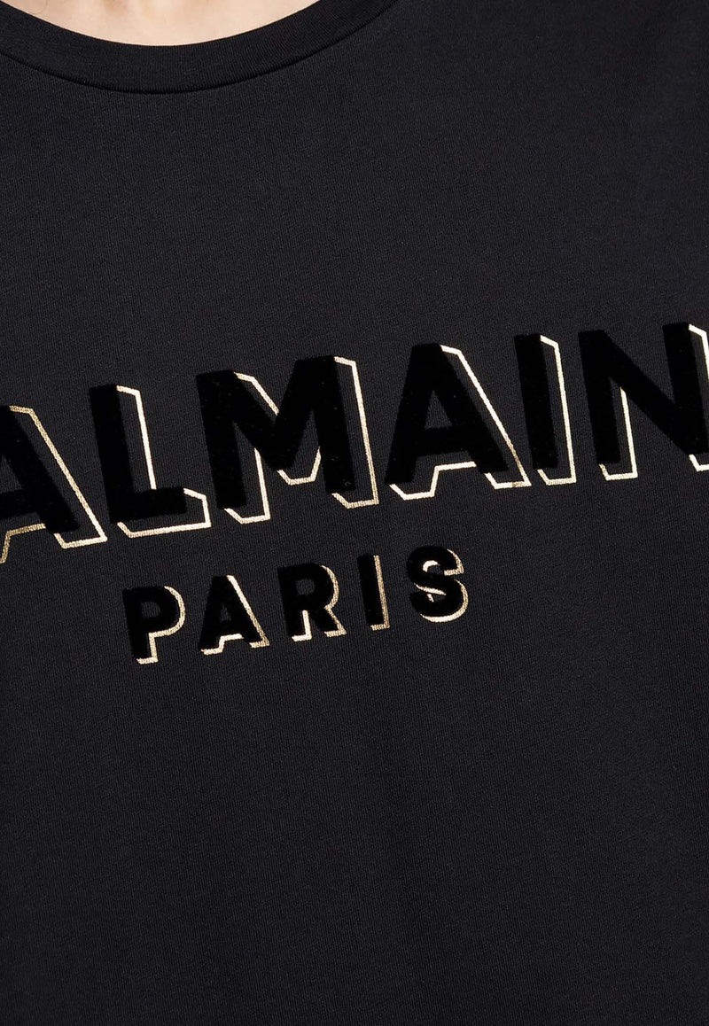 Balmain Velvet-Flocked Logo Crewneck T-shirt Black AH1EG010 BB99-EAD