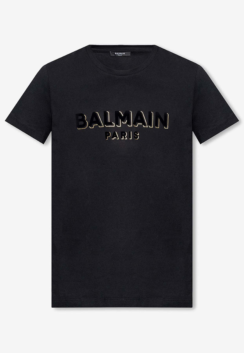 Balmain Velvet-Flocked Logo Crewneck T-shirt Black AH1EG010 BB99-EAD