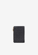 Bottega Veneta Medium Zip Bi-Fold Wallet in Intrecciato Leather Black 667468 VCPP2-8425