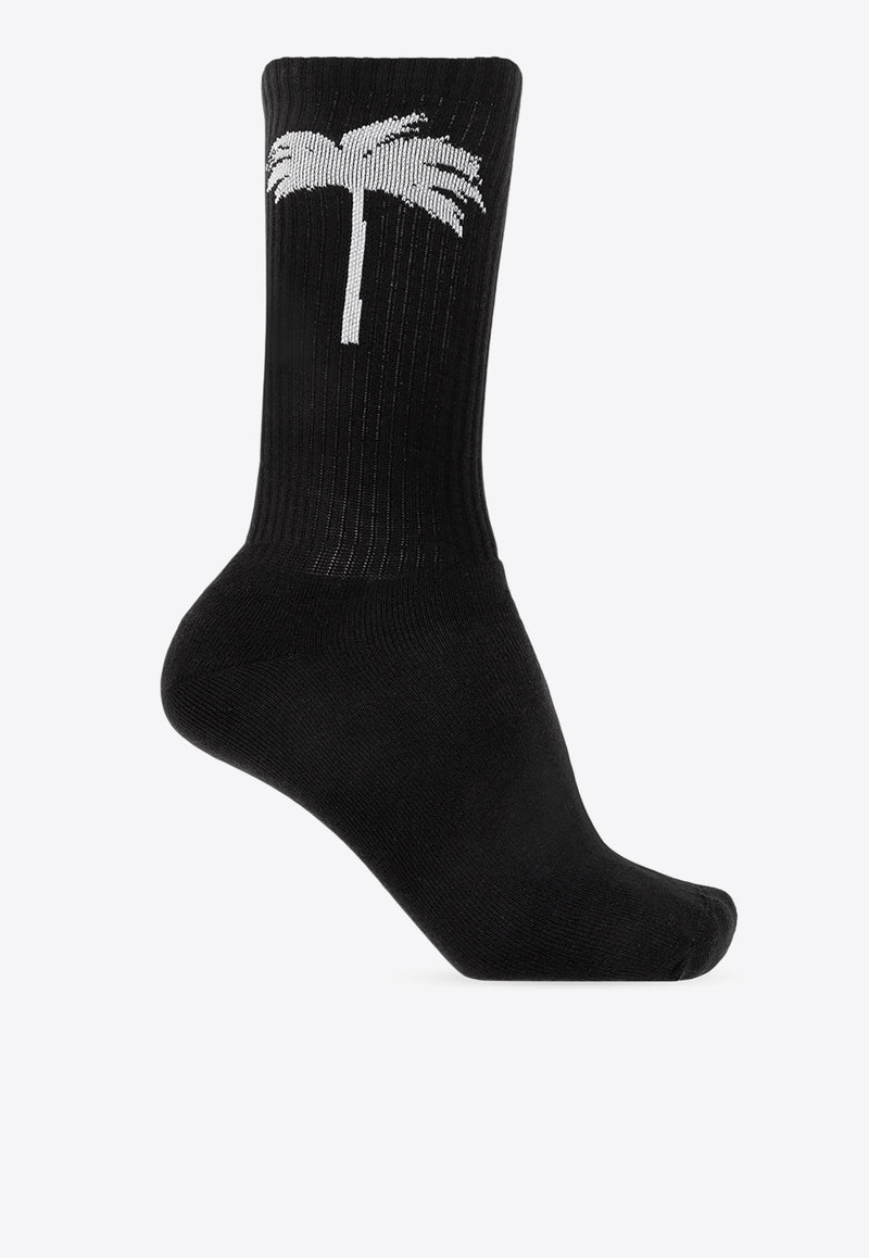 Palm Angels Palm Print Ribbed Socks Black PMRA001C99 FAB003-1001