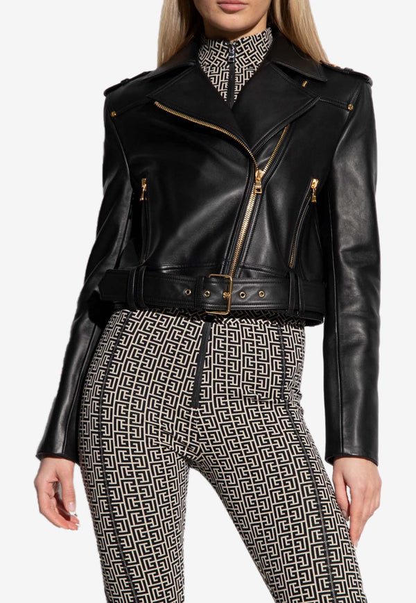 Balmain Cropped Leather Biker Jacket Black AF1TD055 LB24-0PA