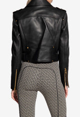 Balmain Cropped Leather Biker Jacket Black AF1TD055 LB24-0PA