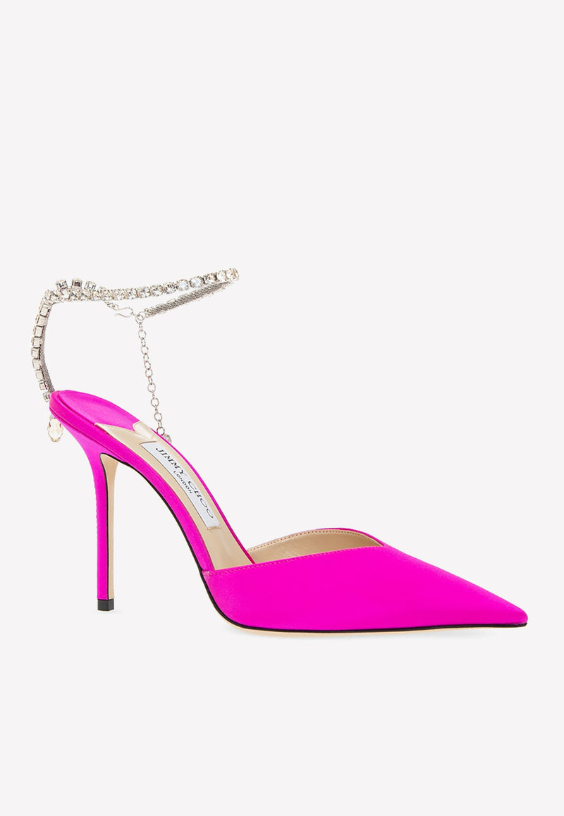 Jimmy Choo Saeda 100 Satin Pumps Pink SAEDA 100 BGH-FUCHSIA CRYSTAL HONEY