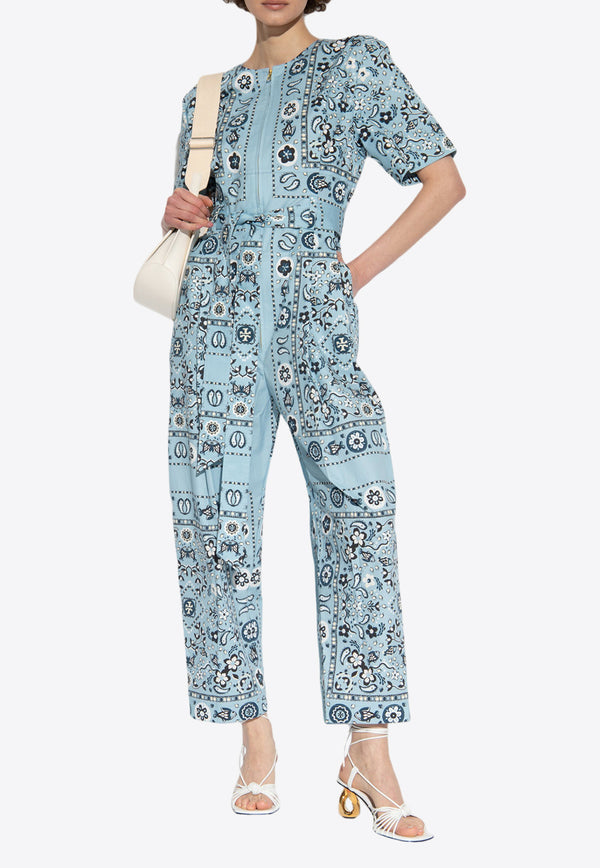 Tory Burch Paisley Print Crewneck Jumpsuit Blue 151814 0-420