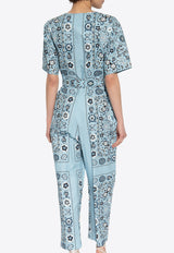 Tory Burch Paisley Print Crewneck Jumpsuit Blue 151814 0-420