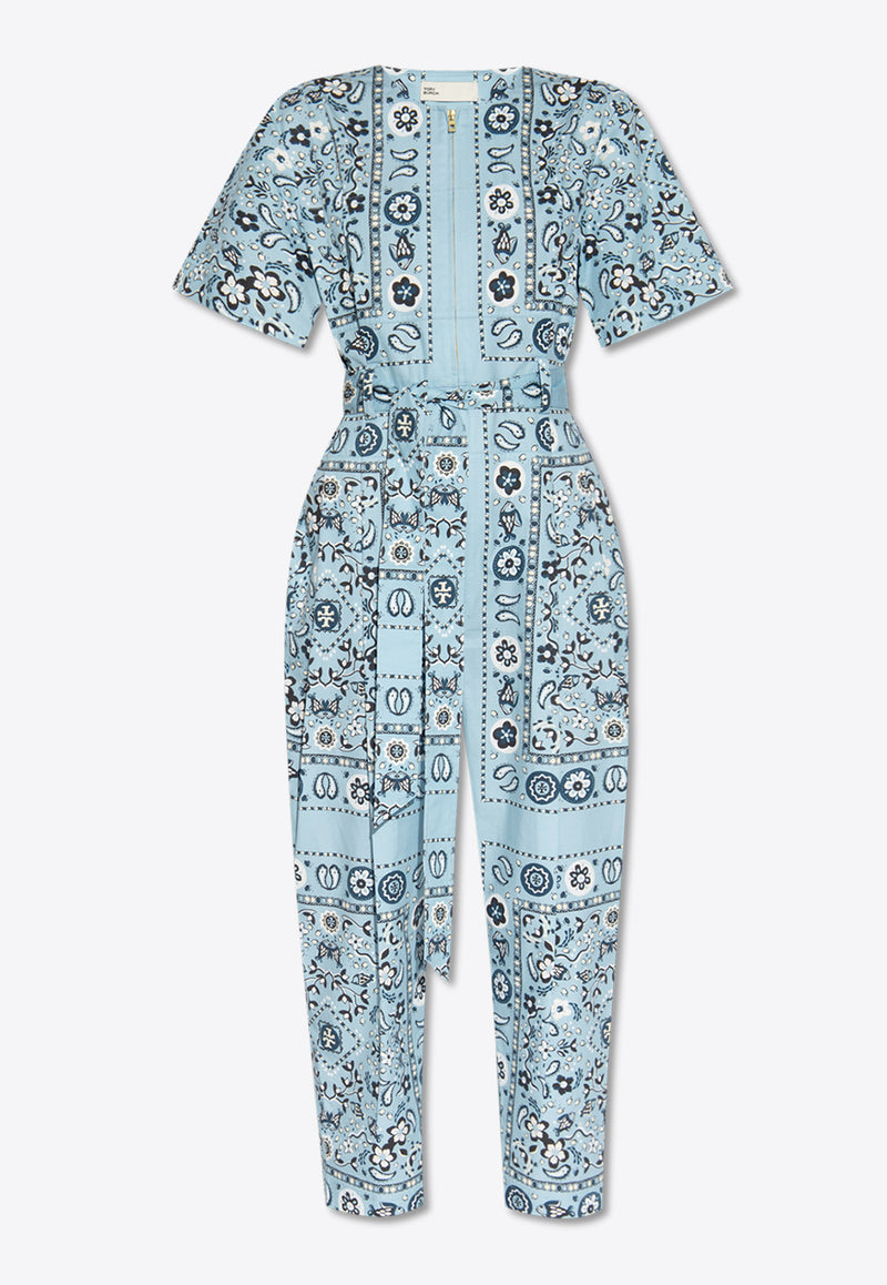 Tory Burch Paisley Print Crewneck Jumpsuit Blue 151814 0-420