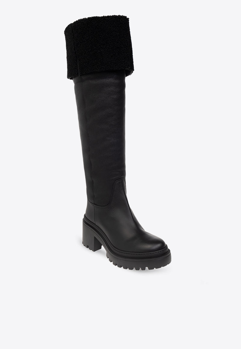 Giuseppe Zanotti Iwona 70 Leather and Shearling Knee-High Boots Black I380009 001-NERO