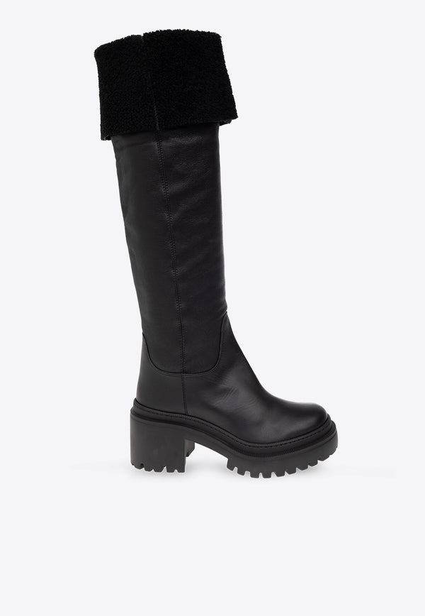 Giuseppe Zanotti Iwona 70 Leather and Shearling Knee-High Boots Black I380009 001-NERO