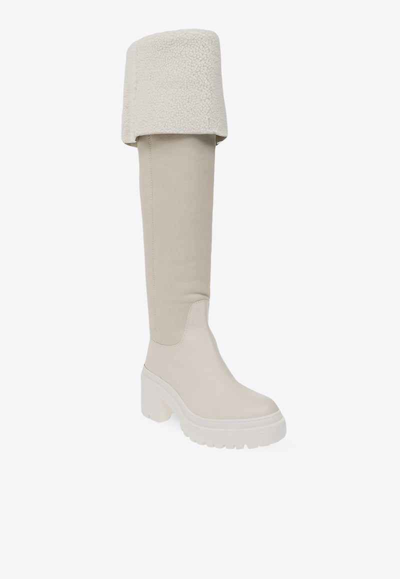 Giuseppe Zanotti Iwona 70 Leather and Shearling Knee-High Boots Beige I380009 004-AVORIO