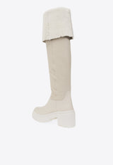 Giuseppe Zanotti Iwona 70 Leather and Shearling Knee-High Boots Beige I380009 004-AVORIO