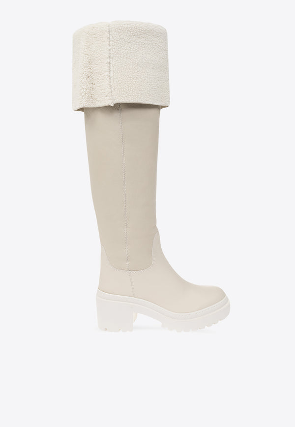 Giuseppe Zanotti Iwona 70 Leather and Shearling Knee-High Boots Beige I380009 004-AVORIO