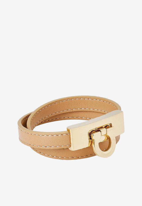 Salvatore Ferragamo Gancini Double-Twist Leather Bracelet Beige 760768 BR HUG SMALL 776172 LIGHT CAMEL/ORO