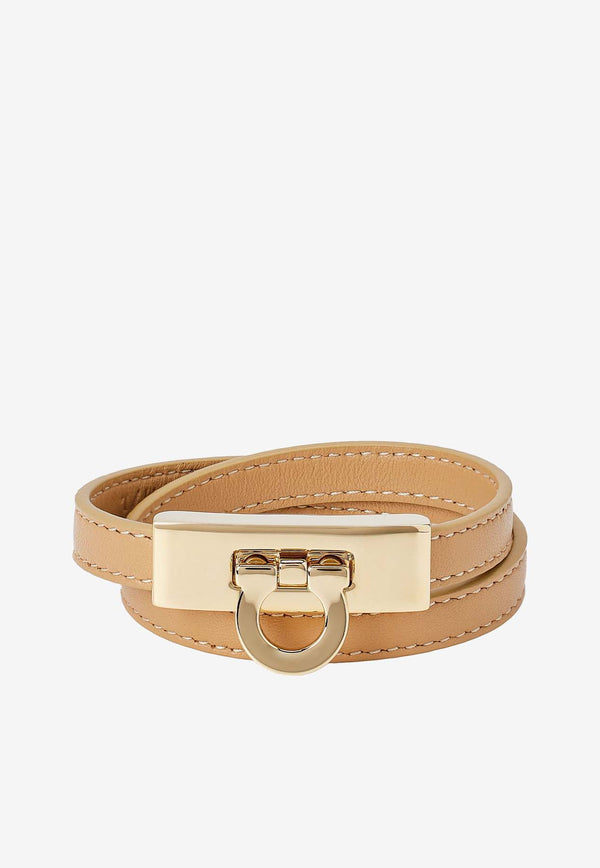 Salvatore Ferragamo Gancini Double-Twist Leather Bracelet Beige 760768 BR HUG SMALL 776172 LIGHT CAMEL/ORO