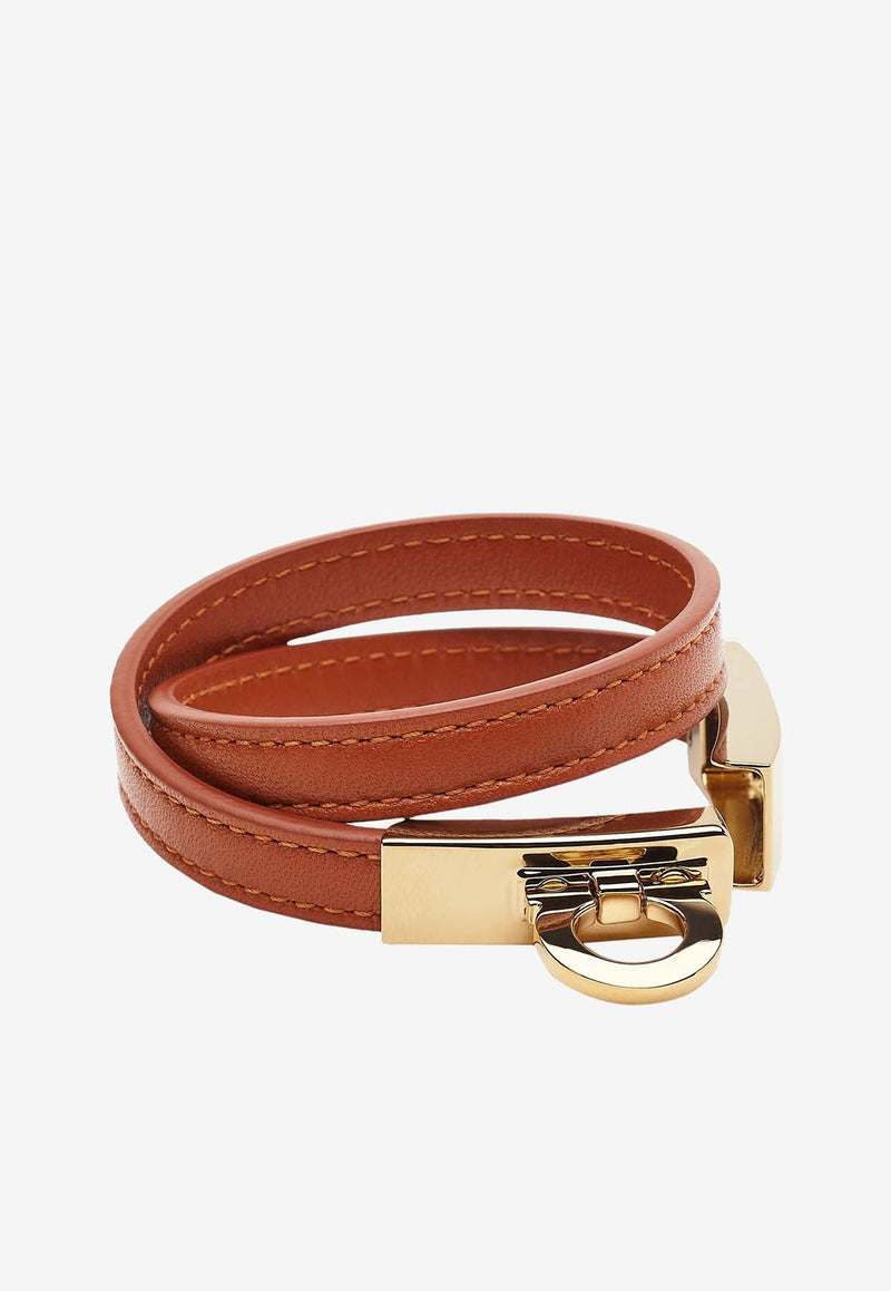 Salvatore Ferragamo Gancini Double-Twist Leather Bracelet Cognac 760768 BR HUG SMALL 776173 COGNAC/ORO