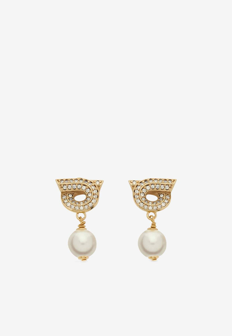 Salvatore Ferragamo Crystal Embellished Gancini Pearl Drop Earrings Gold 760781 EAR GSTR P 776604 ORO/PERLA