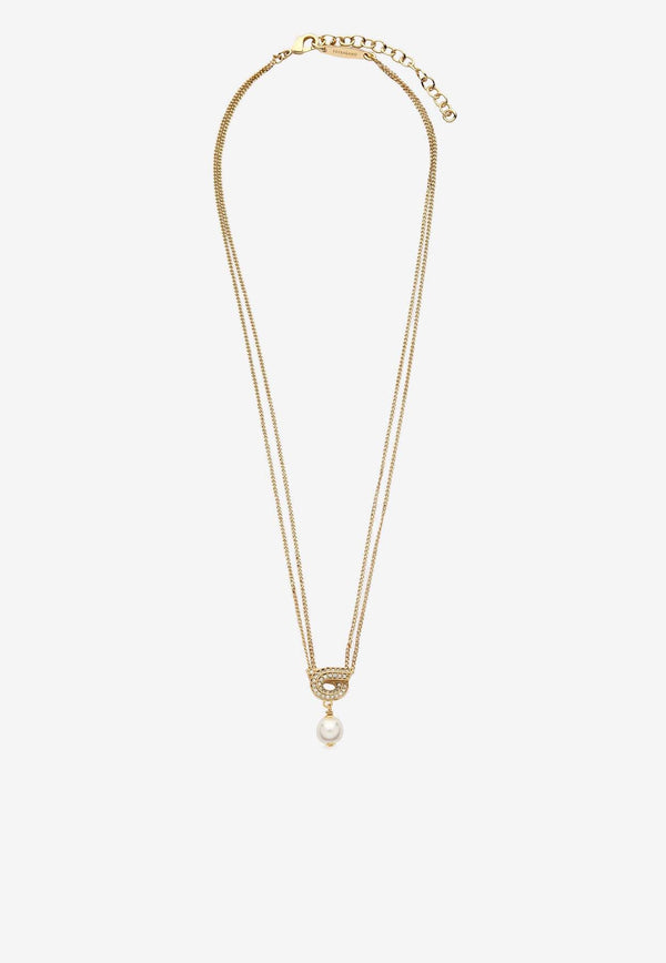 Salvatore Ferragamo Crystal Embellished Gancini Chain Necklace Gold 760783 NKL GSTR P 776608 ORO PERLA