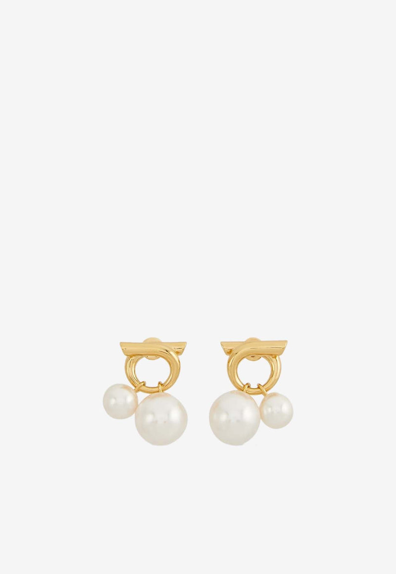 Salvatore Ferragamo Double Pearl Gancini Earrings Gold 760805 EAR GANWAVPE 780384 ORO GIOVE/WHITE