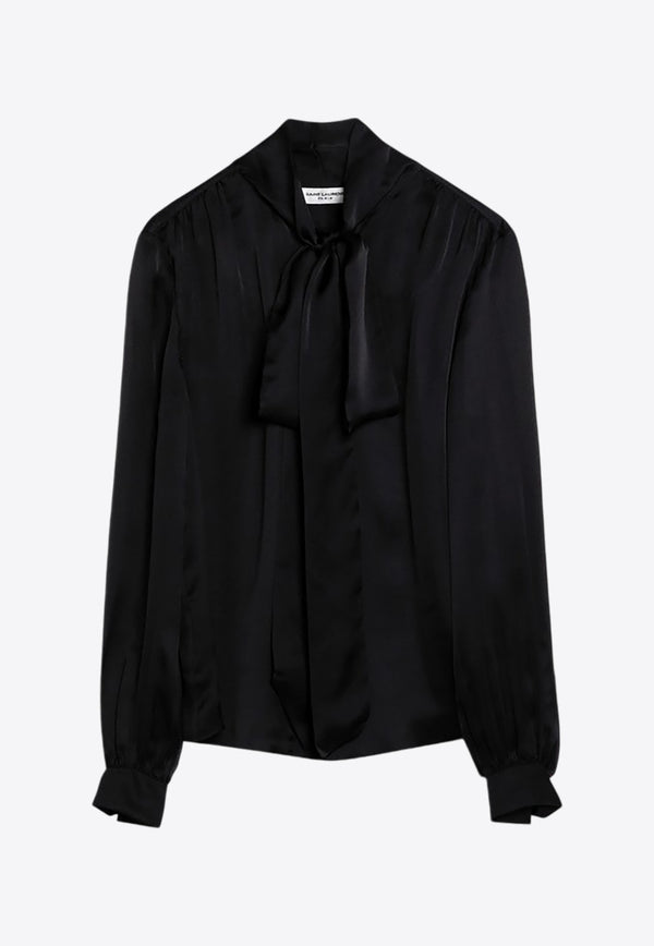 Saint Laurent Semi-Sheer Silk Blouse with Bow Black 769138Y3I13/P_YSL-1000