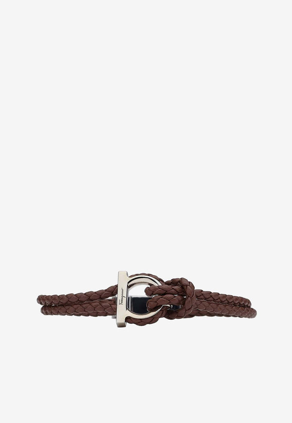 Salvatore Ferragamo Gancini Braided Leather Bracelet Brown 770141 BR G FRAME 712418 P BRKBRWN/PLDLCD