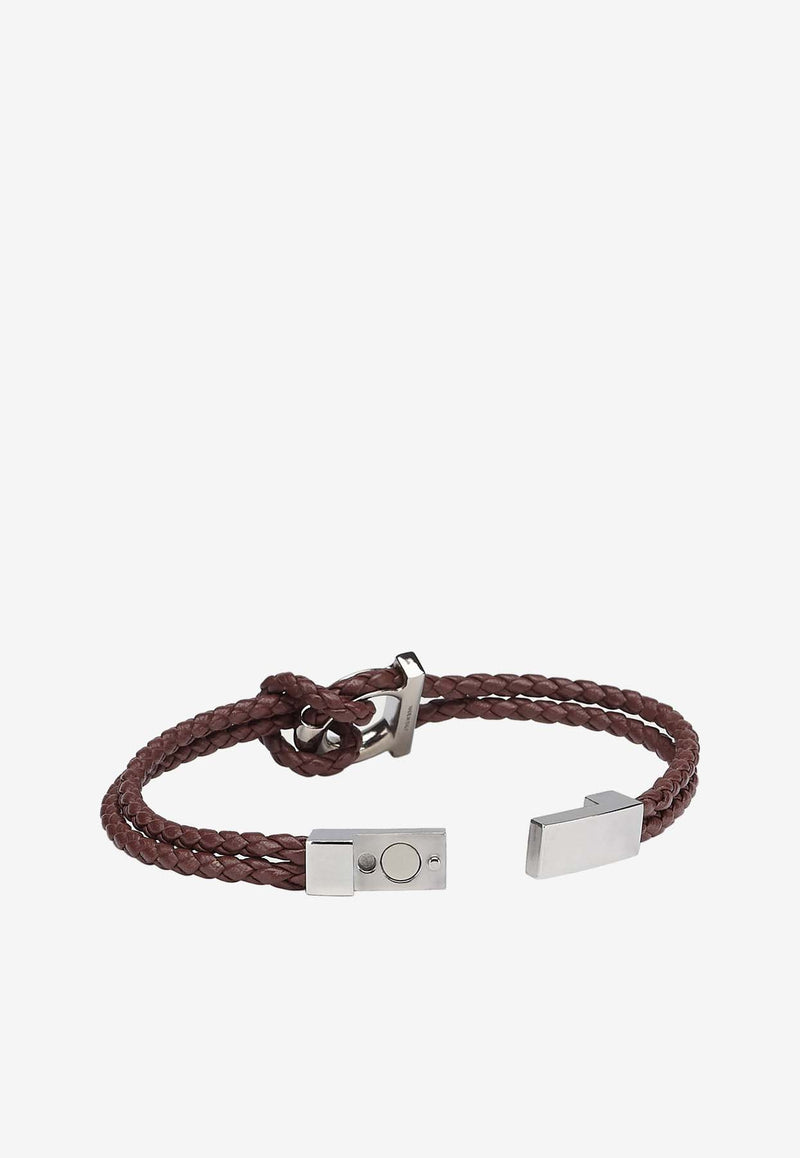 Salvatore Ferragamo Gancini Braided Leather Bracelet Brown 770141 BR G FRAME 712418 P BRKBRWN/PLDLCD