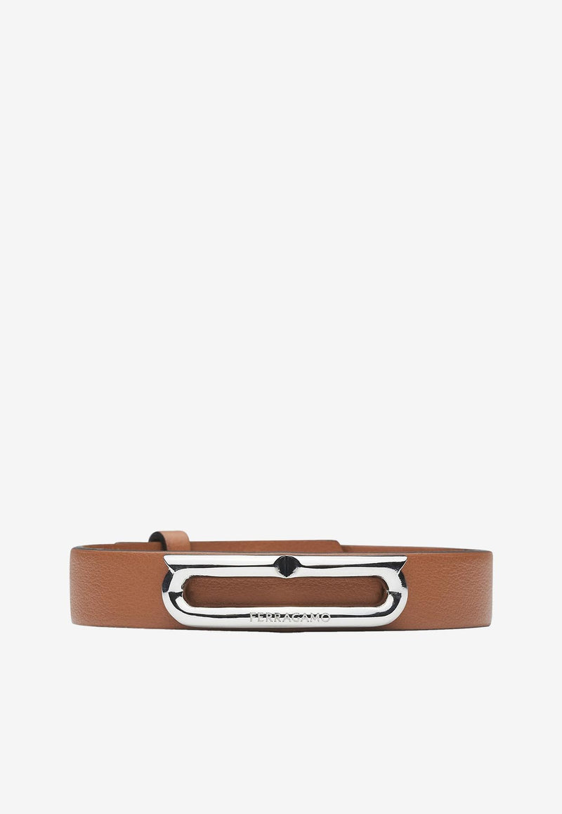 Salvatore Ferragamo Gancini Leather Bracelet 770328 BR GANMAX 764614 CUOIO/PLD Brown