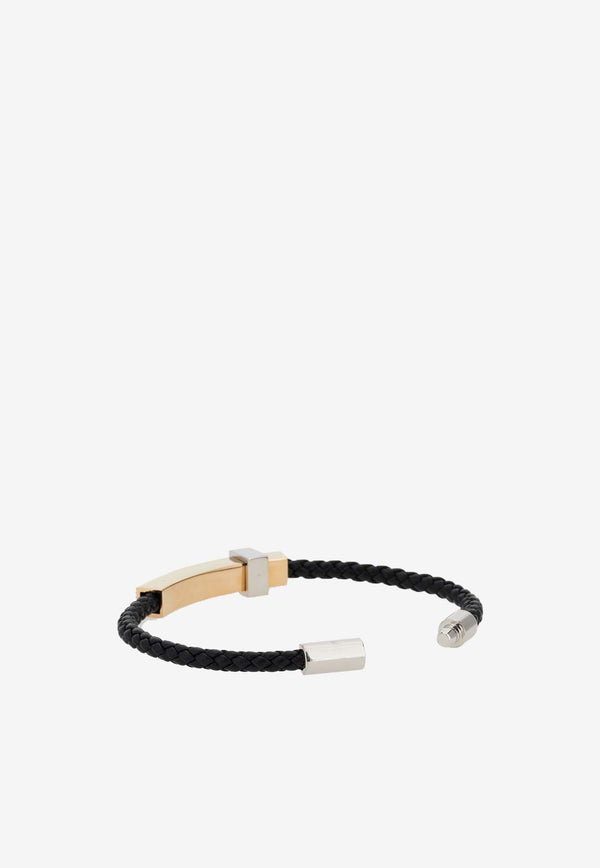 Salvatore Ferragamo Medium Braided Leather Bracelet with Metal Bar 770339 BR LIGHCUBE 771330 NERO/ORO