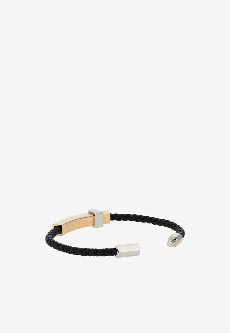 Salvatore Ferragamo Large Braided Leather Bracelet with Metal Bar 770339 BR LIGHCUBE 771331 NERO/ORO