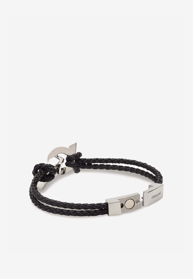 Salvatore Ferragamo Double Gancini Braided Leather Bracelet Black 770360 BR SCOFLUID 776345 PLD/BLACK