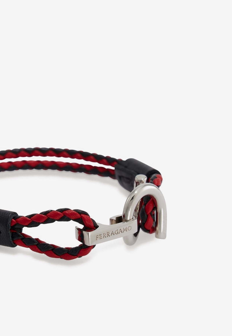 Salvatore Ferragamo Gancini Two-Tone Braided Leather Bracelet Black 770380 BR SCOO EVO 780308 PLD/BLACK/RED