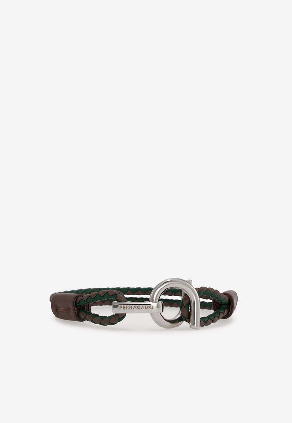 Salvatore Ferragamo Gancini Two-Tone Braided Leather Bracelet Green 770380 BR SCOO EVO 780310 PLD/GREEN/CLAY