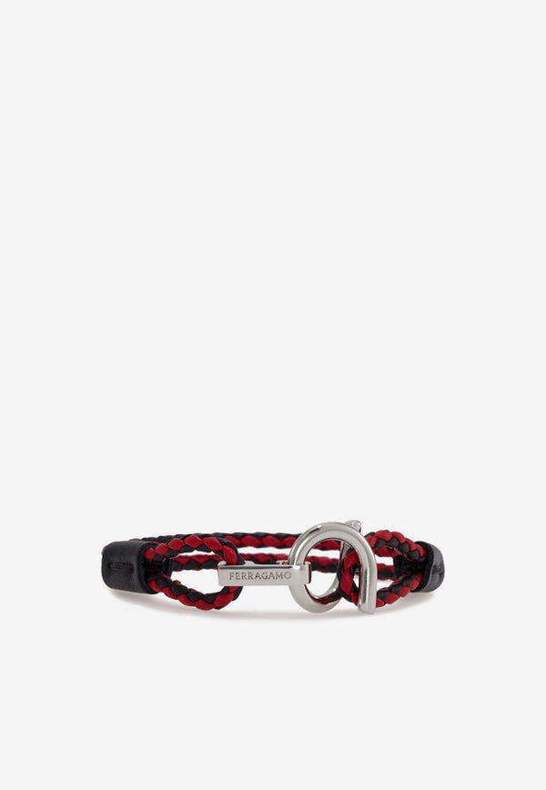 Salvatore Ferragamo Gancini Two-Tone Braided Leather Bracelet Black 770380 BR SCOO EVO 780673 PLD/BLACK/RED