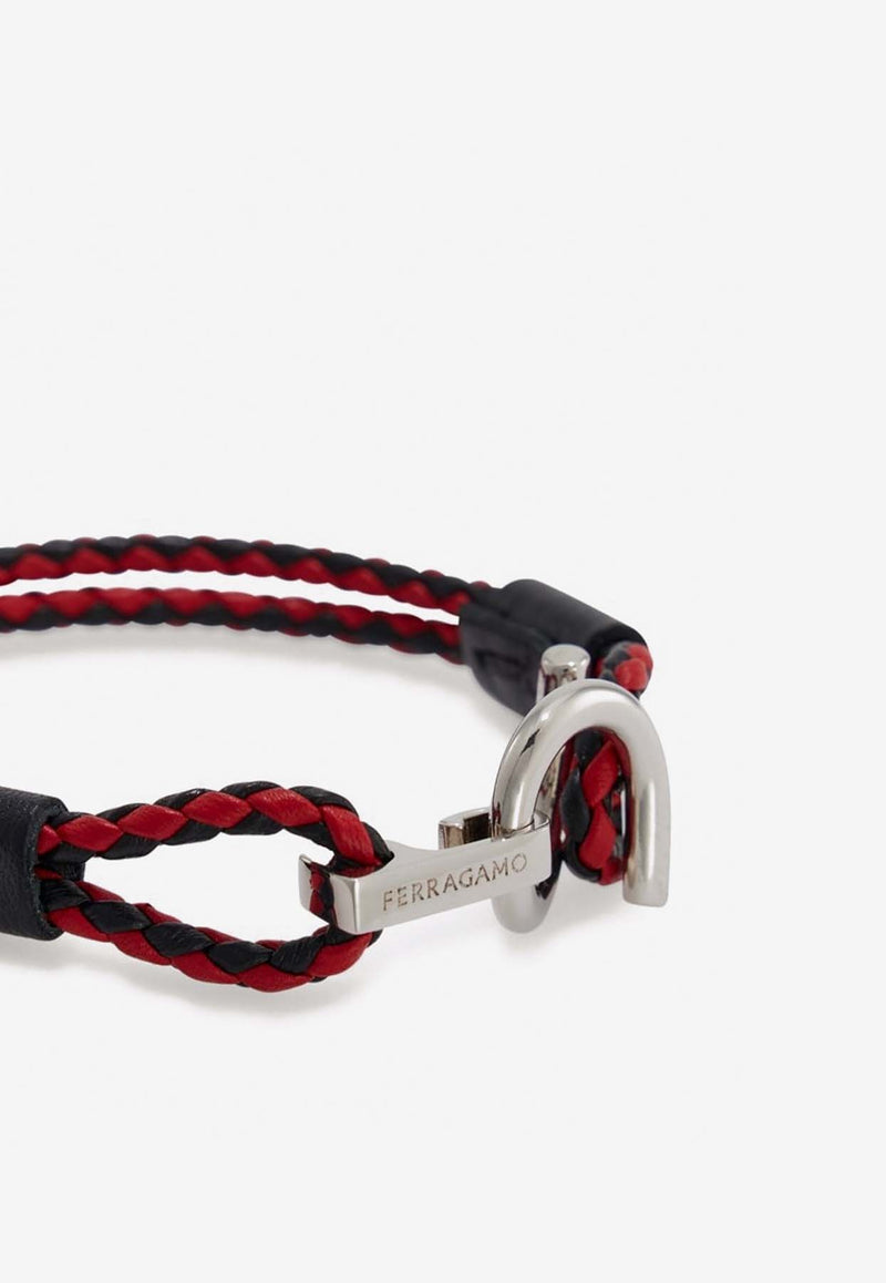 Salvatore Ferragamo Gancini Two-Tone Braided Leather Bracelet Black 770380 BR SCOO EVO 780673 PLD/BLACK/RED