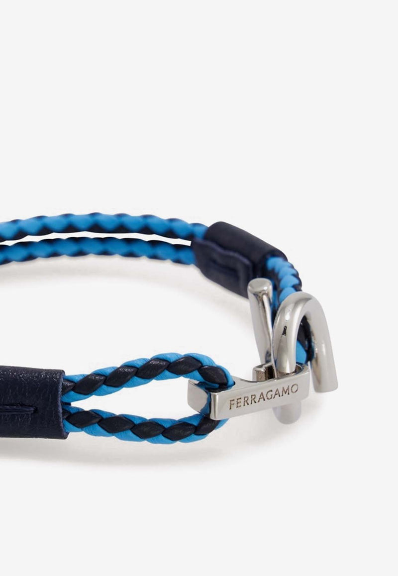 Salvatore Ferragamo Gancini Two-Tone Braided Leather Bracelet Blue 770380 BR SCOO EVO 780674 PLD/BLUE/TURCHESE