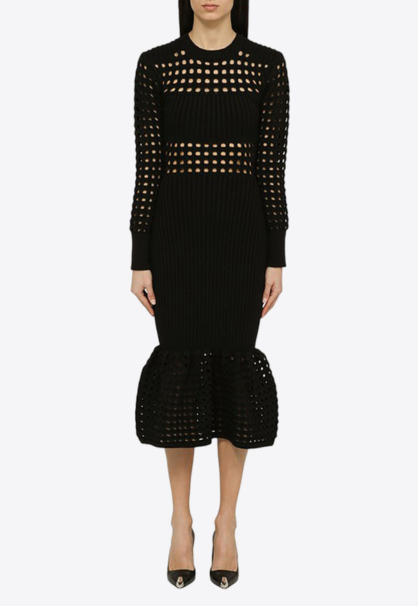 Alexander McQueen Knitted Mesh Sleeved Midi Dress 780455Q1A8M/O_ALEXQ-1000