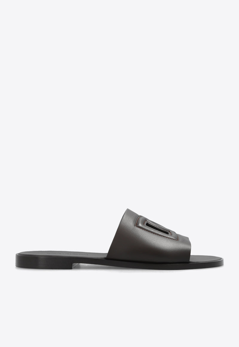 Dolce 
Gabbana DG Logo Leather Slides Dark Brown A80397 AO602-8H042