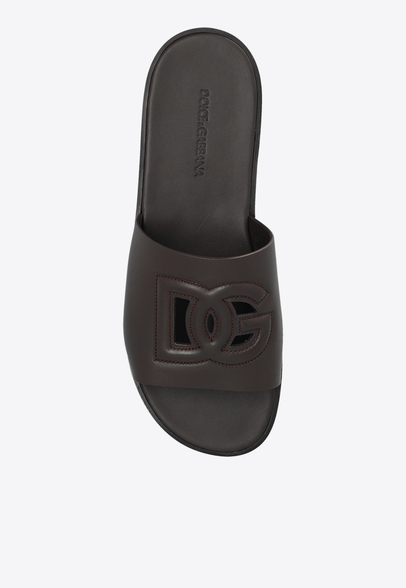 Dolce 
Gabbana DG Logo Leather Slides Dark Brown A80397 AO602-8H042