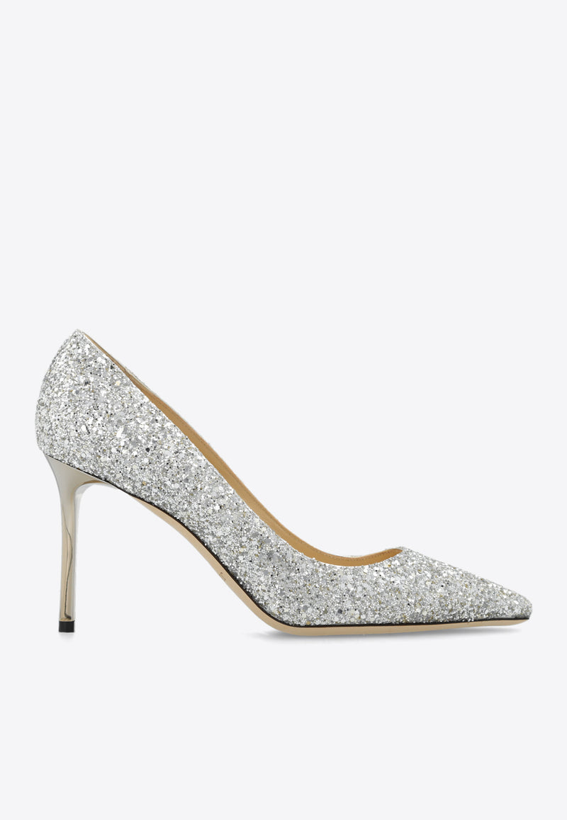 Jimmy Choo Romy 85 Glittered Pumps Silver ROMY 85 CGF-CHAMPAGNE