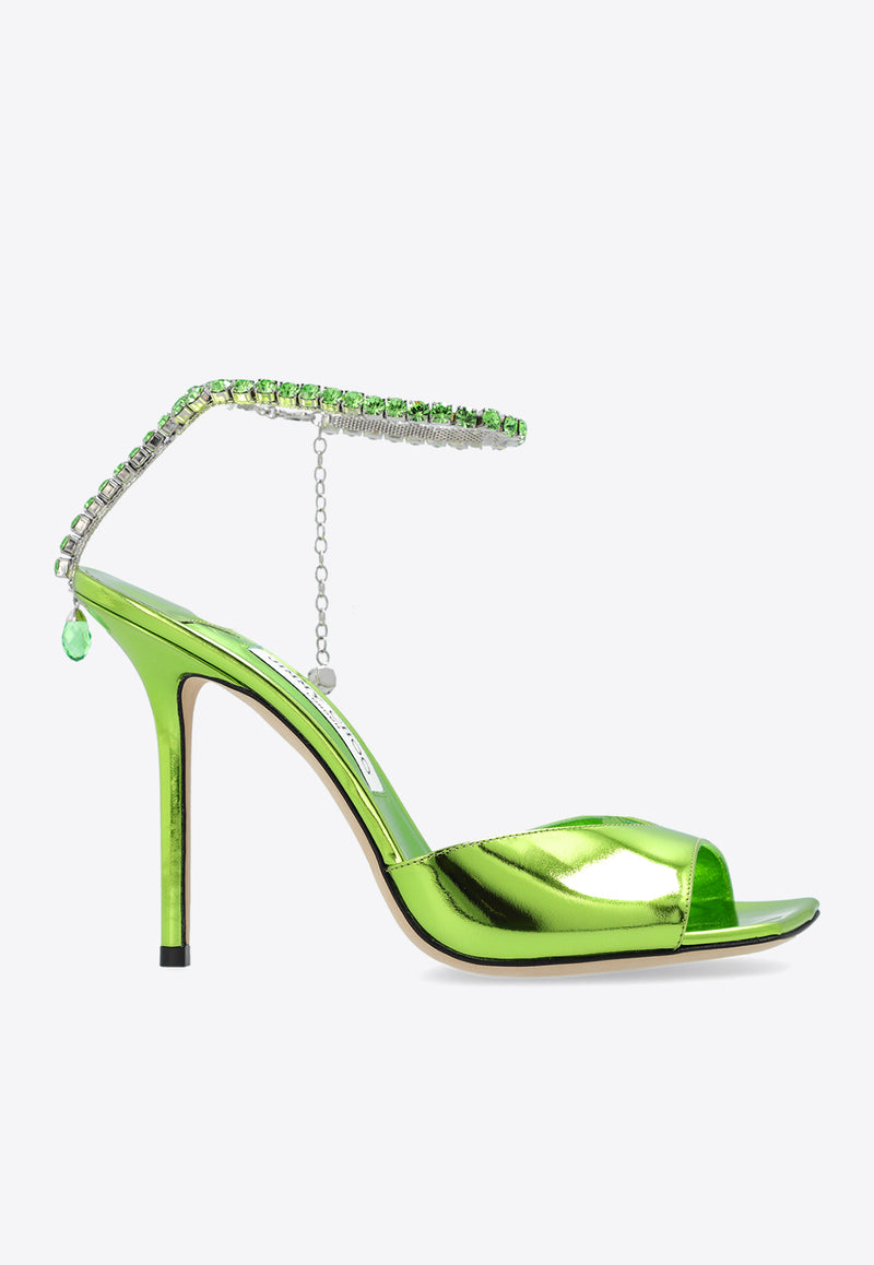 Jimmy Choo Saeda 100 Crystal Chain Sandals in Metallic Leather Green SAEDA SANDAL 100 BAQ-MATCHA MATCHA