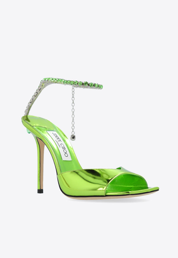 Jimmy Choo Saeda 100 Crystal Chain Sandals in Metallic Leather Green SAEDA SANDAL 100 BAQ-MATCHA MATCHA