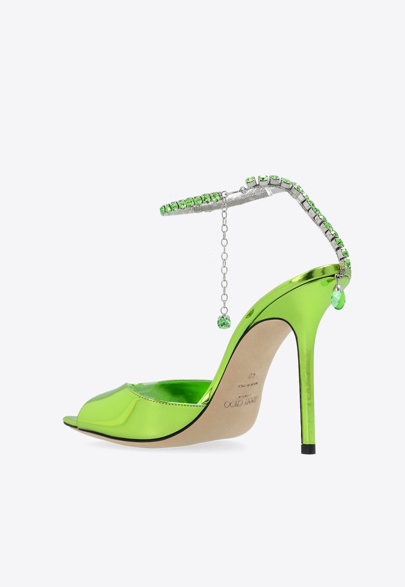 Jimmy Choo Saeda 100 Crystal Chain Sandals in Metallic Leather Green SAEDA SANDAL 100 BAQ-MATCHA MATCHA