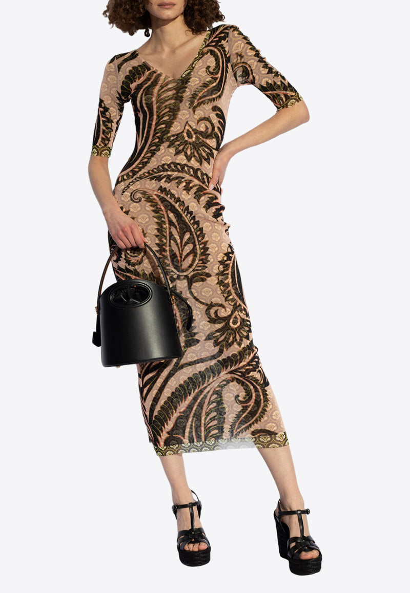 Etro V-neck Printed Midi Dress Beige WRHA0145 99IAS16-X0870