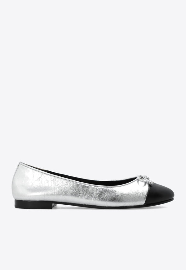 Tory Burch Cap-Toe Metallic Leather Ballet Flats Silver 154309 0-027