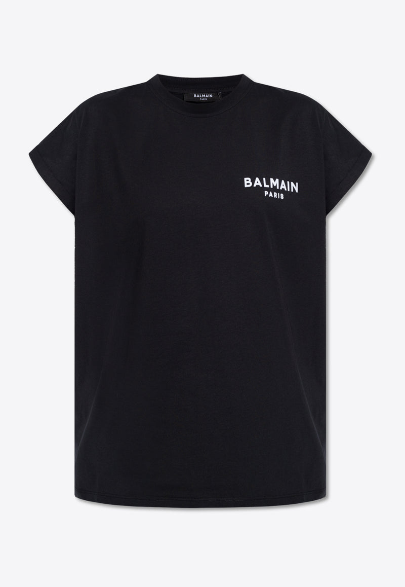 Balmain Flocked Logo Crewneck T-shirt Black CF1EF010 BB01-EAB