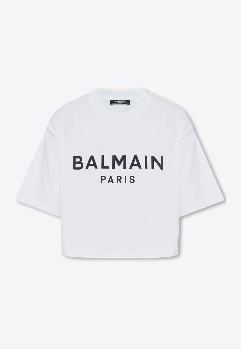 Balmain Logo Print Cropped T-shirt White BF1EE020 BB02-GAB