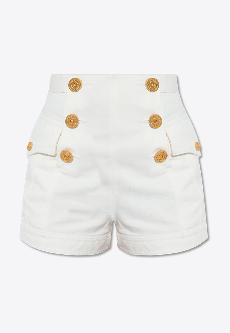 Balmain Button Embellished Denim Shorts White CF1MA012 DB69-0FA