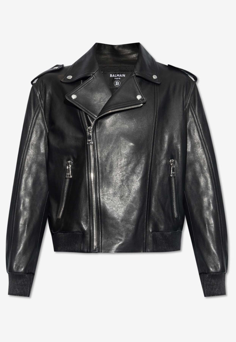 Balmain Zip-Up Leather Biker Jacket Black CH1TF595 LC62-0PA