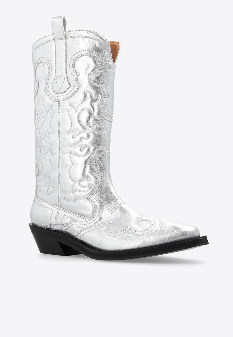 GANNI Mid-Calf Embroidered Cowboy Boots Silver S2427 4911-018