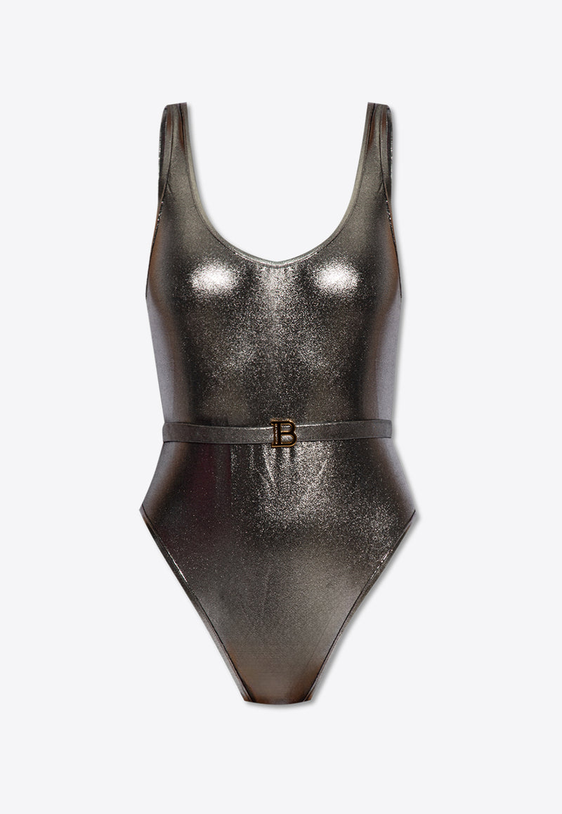 Balmain Metallic Belted One-Piece Swimsuit Silver BKBKL1720 0-041