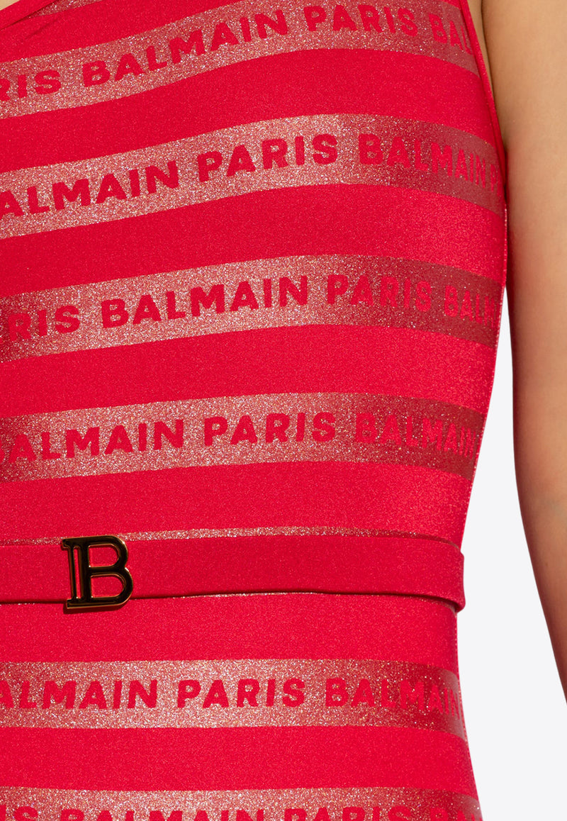 Balmain Logo Stripes One-Shoulder One-Piece Swimsuit Red BKBKM1700 0-600