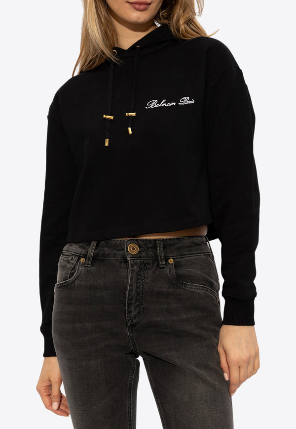 Balmain Logo-Embroidered Cropped Hooded Sweatshirt Black CF1JP040 BC68-EAB